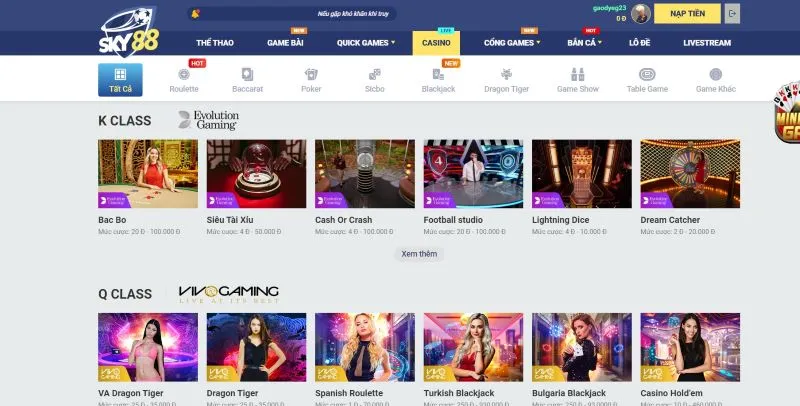 sòng bài Sky88 live hấp dẫn